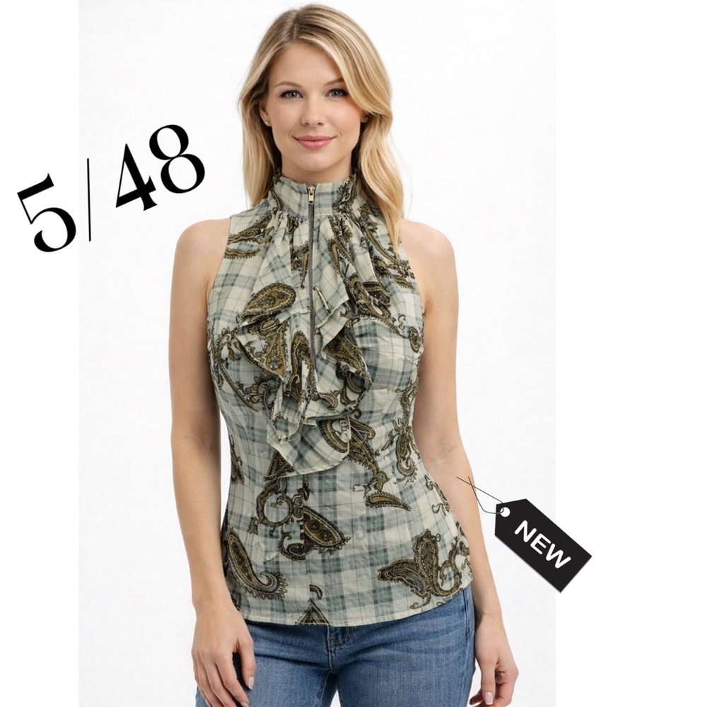 NWT 5/48 sleeveless zip collar ruffle top